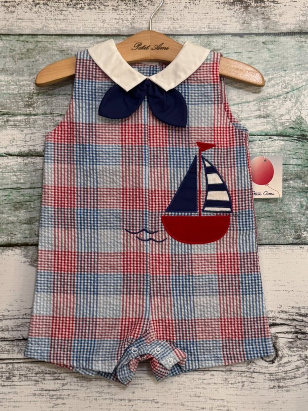 Petit Ami Red White Navy Plaid Seersucker Sailboat Sunsuit Romper 6 Months